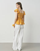 Square Neckline Ruffled Sleeve Fashion Linen Shirt