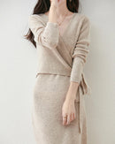 V-Neck Lace-Up Merino Wool Knit Dress