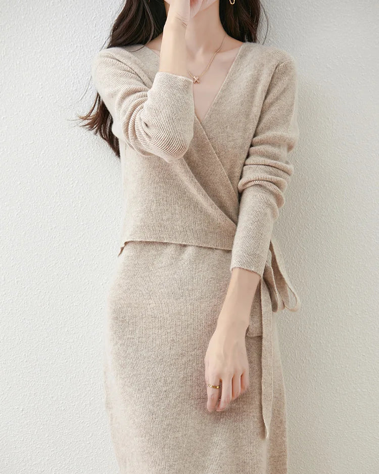 V-Neck Lace-Up Merino Wool Knit Dress