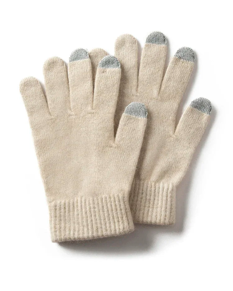 Women's  Cashmere touchscreen gloves featuring a sculpted wrist cuff, 21cm wrist-length silhouette, and 100% cashmere fabric, perfect for delivering poised warmth in cold office environments.