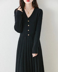 Merino Wool V-Neck Knit Midi Dress