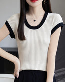 Women's round neck slim fit sleeveless knit top featuring breathable lyocell fabric, patchwork detail, and a sculpted O-neck for high-stretch summer layering.