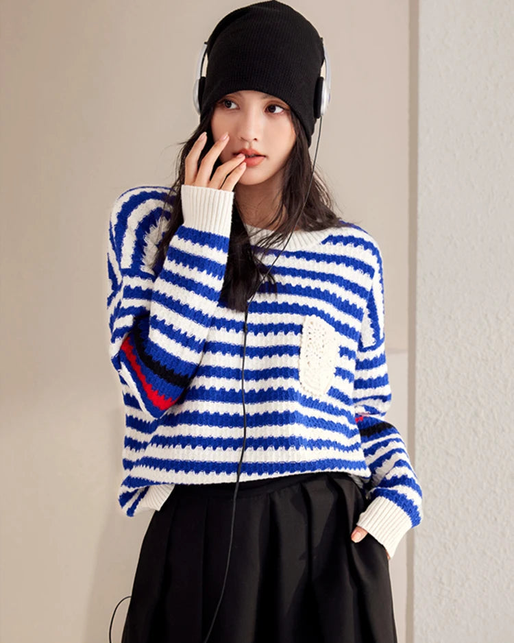 Ribbed Stripe Knit Relaxed Pullover