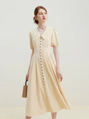Solid Pleated Polo Neck Puff Sleeve Dress