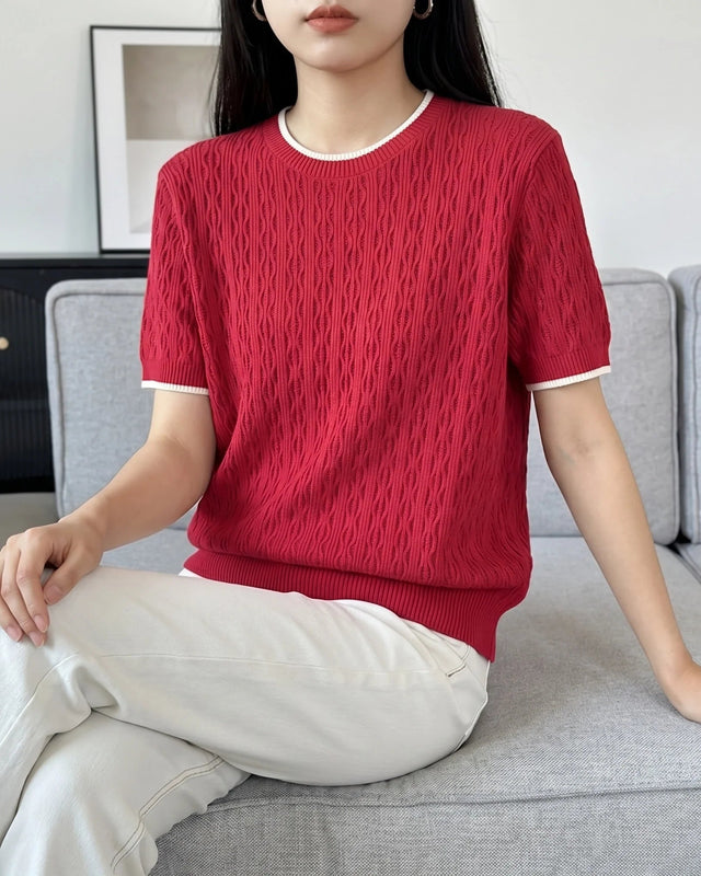 Hollow Knit Cotton Short Sleeve Top