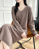 Wool V-Neck Long Sweater Dress