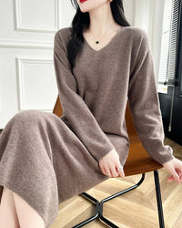 Wool V-Neck Long Sweater Dress