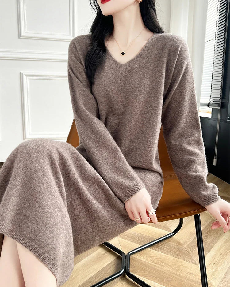 Wool V-Neck Long Sweater Dress