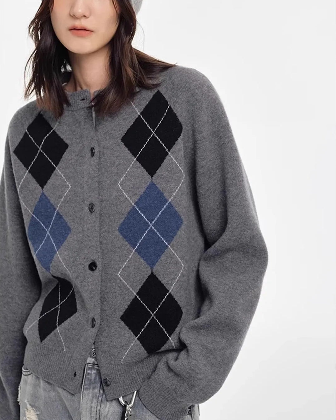 Cashmere Diamond Pattern Cardigan Sweater