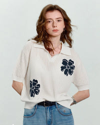 Hollow Floral Knit V-Neck Short-Sleeve Top