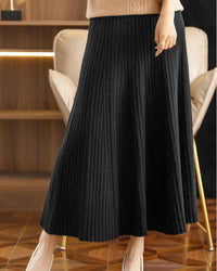 Merino Wool Solid Pleated Ankle-Length Knit Skirt