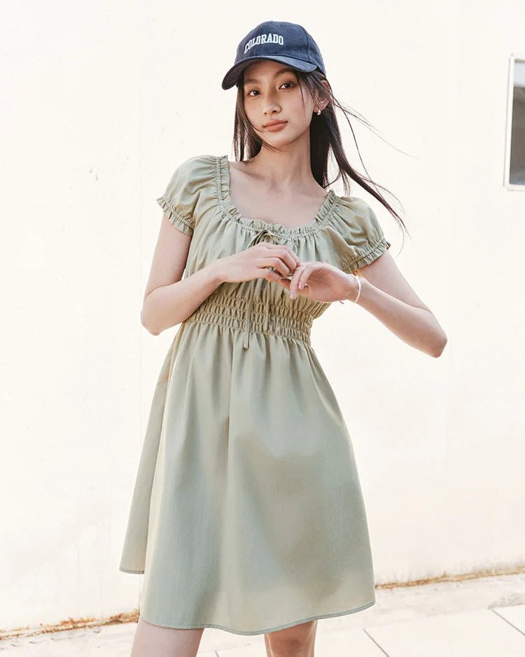 Square Neckline Bow-Trimmed Lace Mini Dress