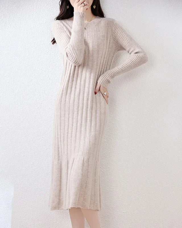 Round-Neck Long Sleeves Wool Dress