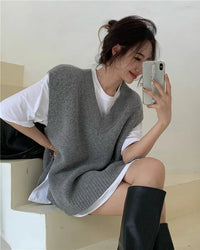 Wool Blend V-Neck Solid Loose Sleeveless Knit Vest