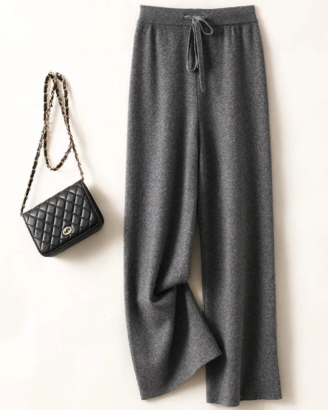 Merino Wool Solid Elastic Waist Wide Leg Knit Trousers