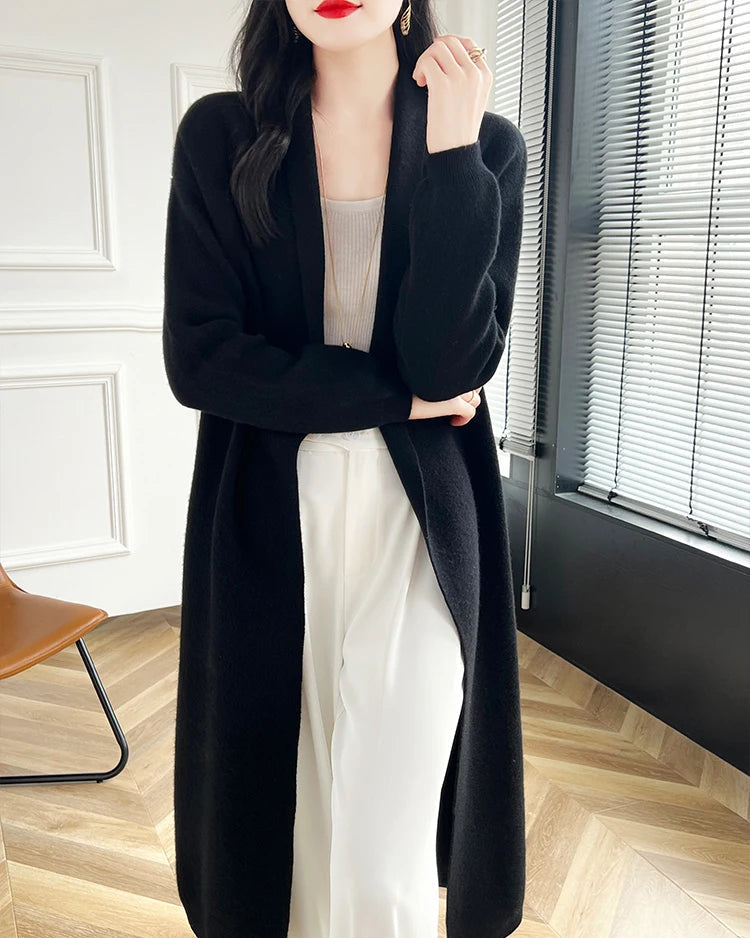 Loose-Fitting Long Wool Cardigan Sweater