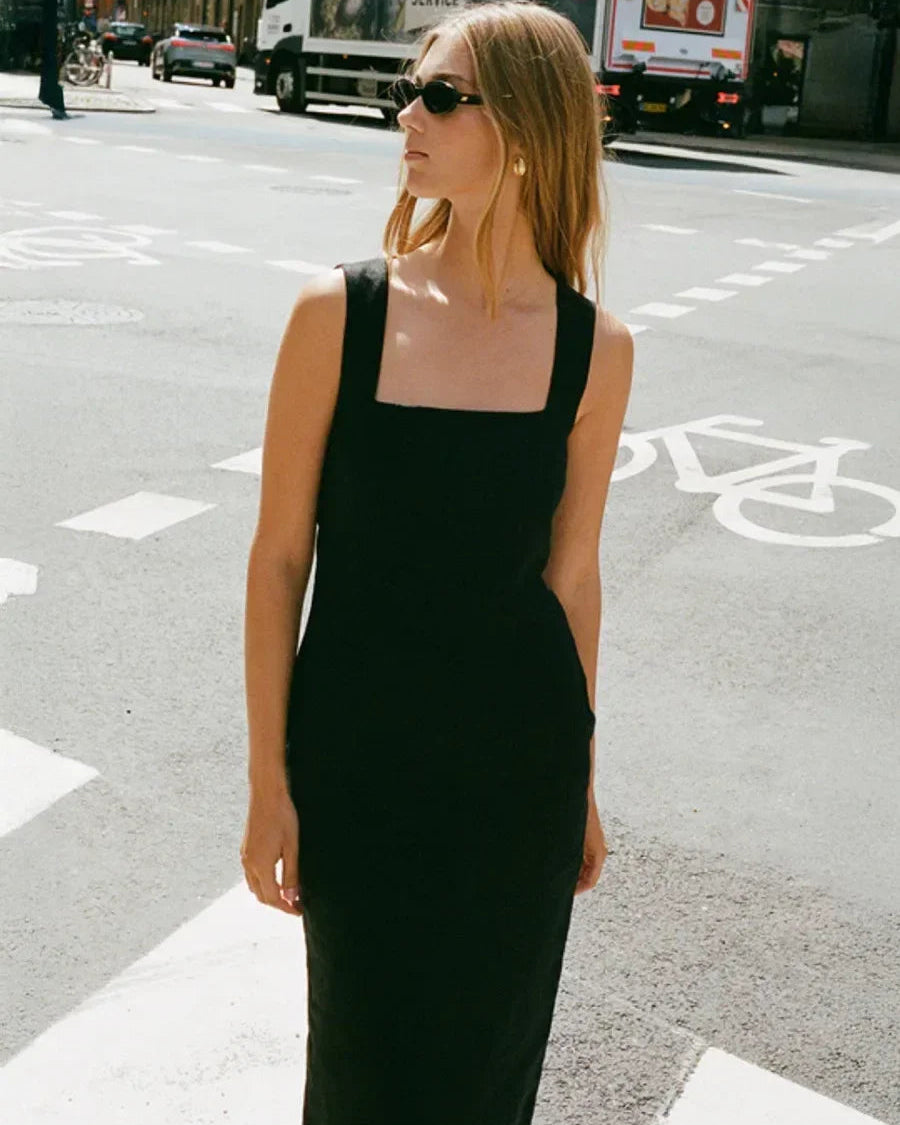 Cotton And Linen Square Neck Wide Shoulder Strap Dress