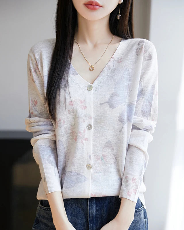 Lyocell Printed V Neck Cardigan