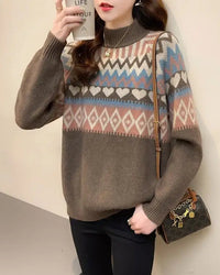 Ethnic jacquard mock neck loose thick knit pullover. Warm, medium stretch, and relaxed fit — a casual warm autumn winter knitwear top for women.
