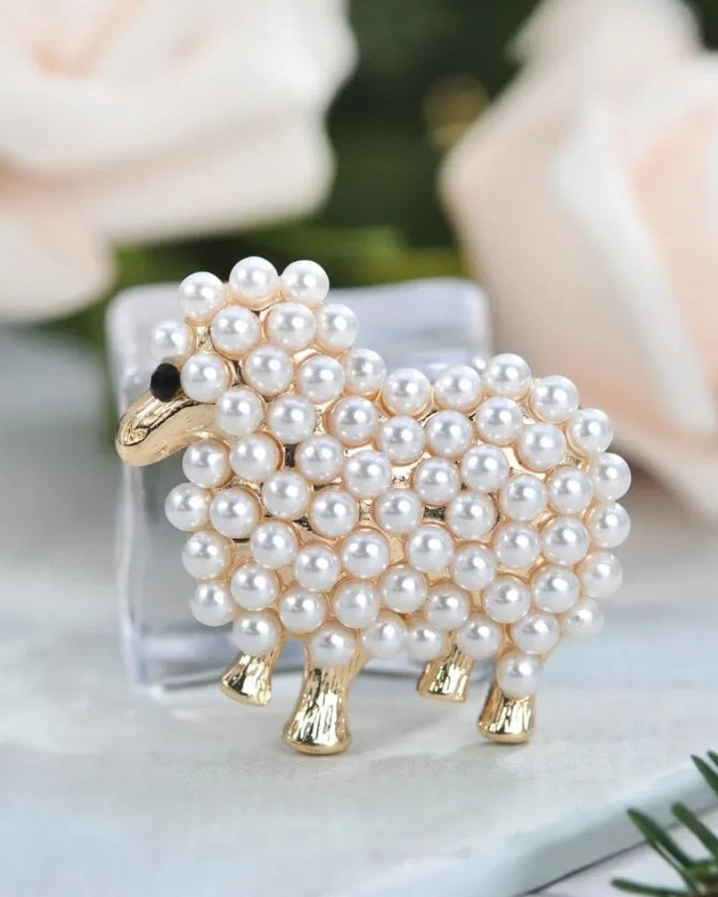 Faux Pearl Lamb Animal Brooch