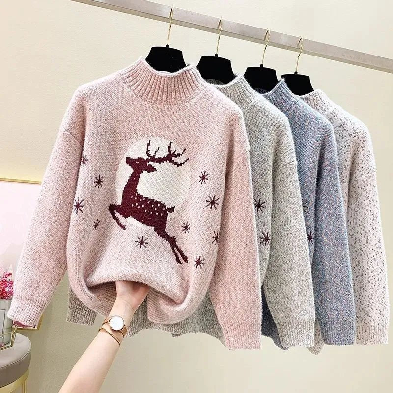 Elk printed Mink Velvet Mock Neck Sweater
