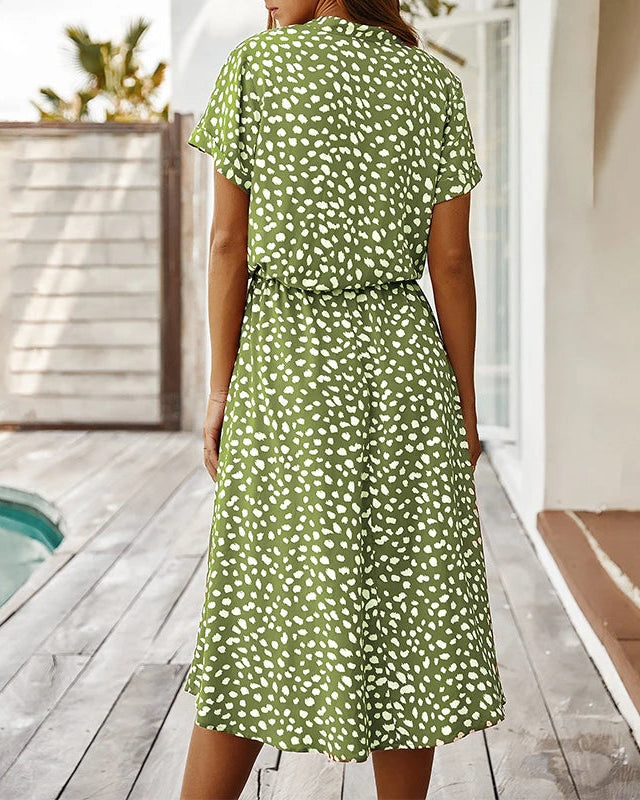 Polka Dot Short Sleeve Drawstring High-Waist Dress