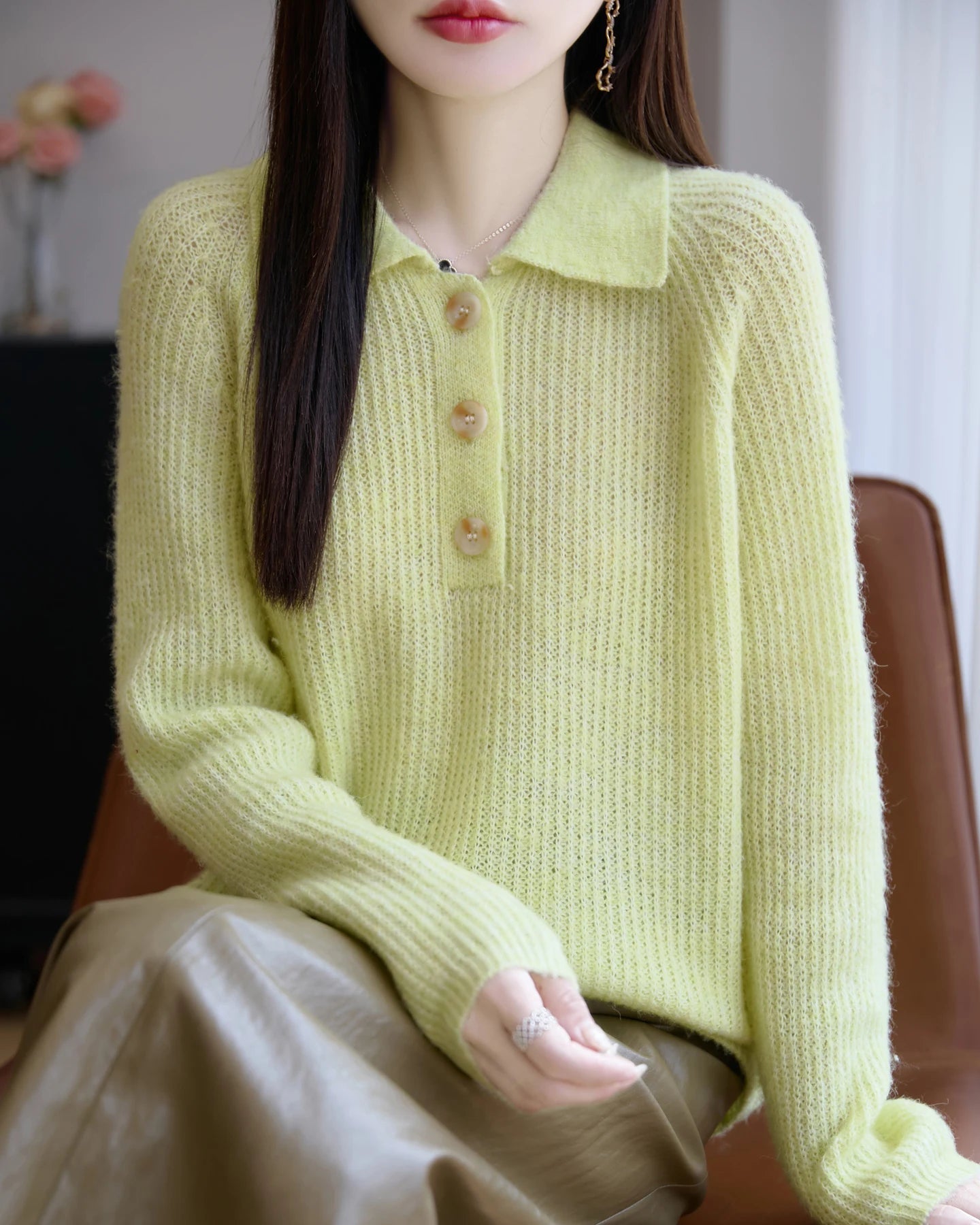 Merino Wool Hollow Polo Collar Loose Thick Knit Pullover