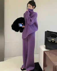 Turtleneck Knit Sweater & Wide-Leg Pants Two-Piece Set
