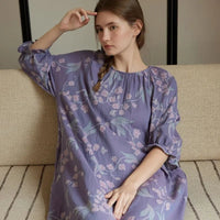 Cotton Purple Flower Print round Neck Nightdress