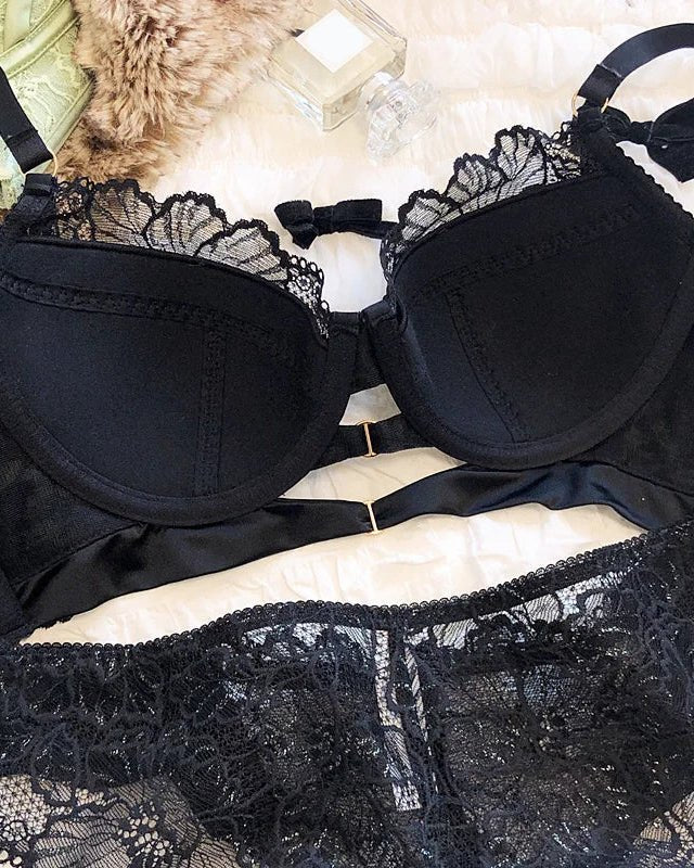 Fashionable Lace Floral Embroidered Push-Up Bra Set