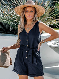 Belted V-Neck Button Front Romper