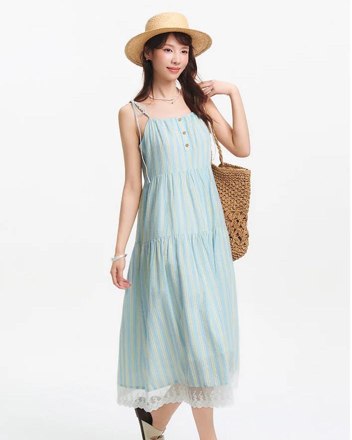 New Striped Resort Lace Slip Dress