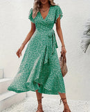 Floral Print V-Neck Lace-Up Flare Sleeve Midi Dress
