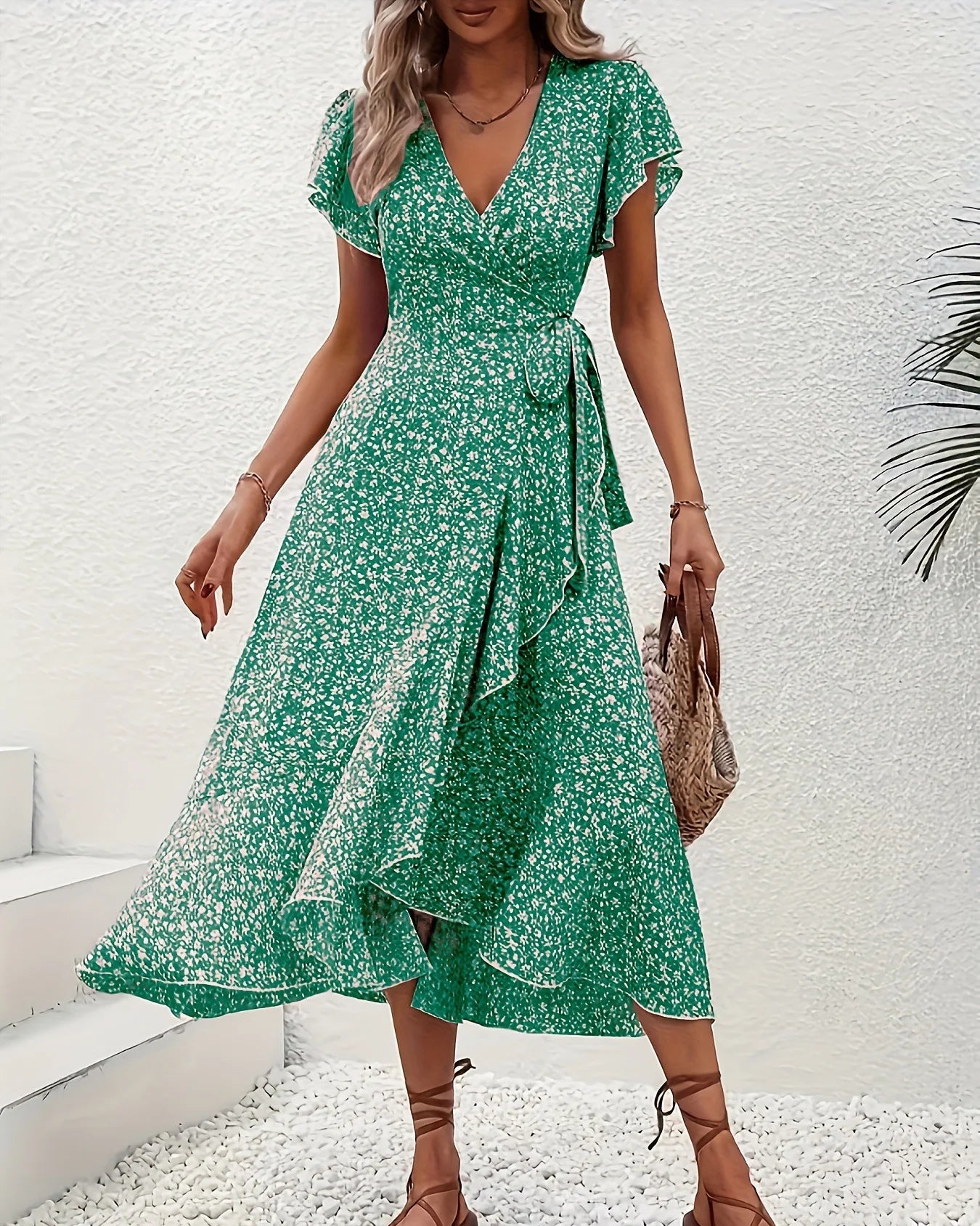 Floral Print V-Neck Lace-Up Flare Sleeve Midi Dress