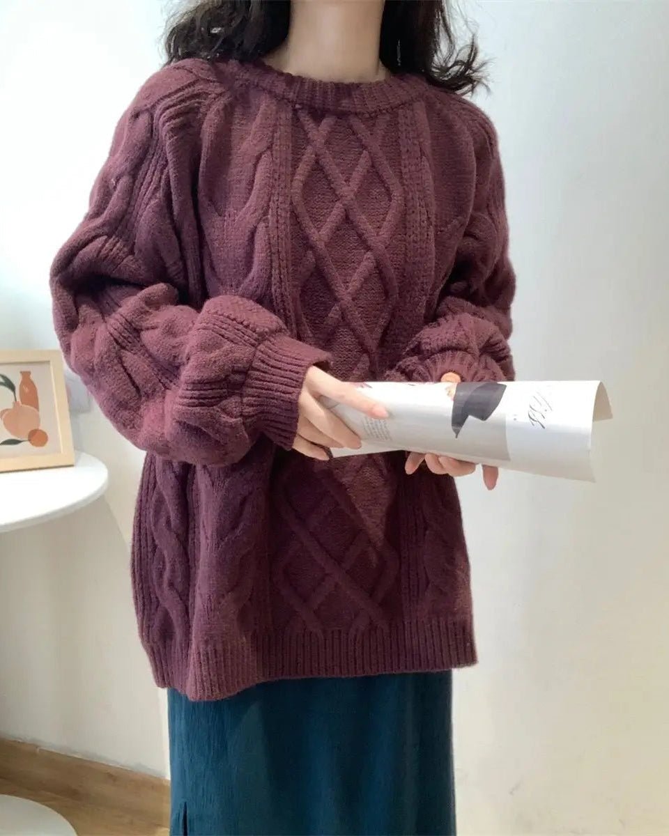 Diamond-Patterned Mid-Length Oversized Sweater