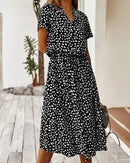 Polka Dot Short Sleeve Drawstring High-Waist Dress