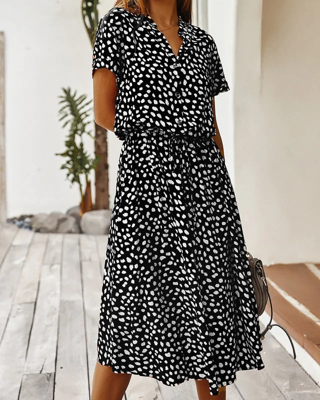 Polka Dot Short Sleeve Drawstring High-Waist Dress