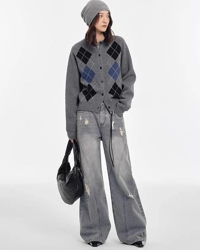 Cashmere Diamond Pattern Cardigan Sweater