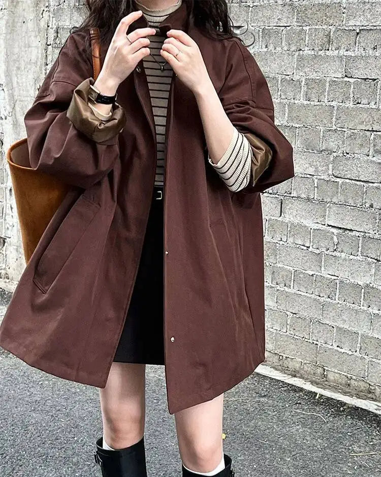 Solid Mandarin Collar Single-Breasted Short Trench Coat