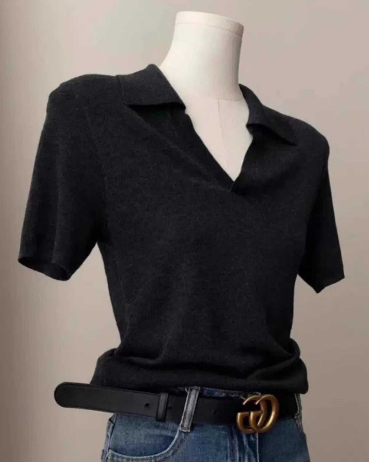 Knitted V-Neck Short-Sleeved T-Shirt
