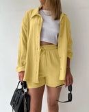 Stand Collar Long Sleeve Top & High Waist Shorts Set