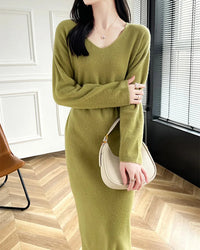Wool V-Neck Long Sweater Dress