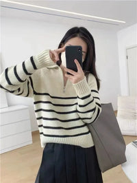 Half Zipper Striped Pure Cashmere Pullover