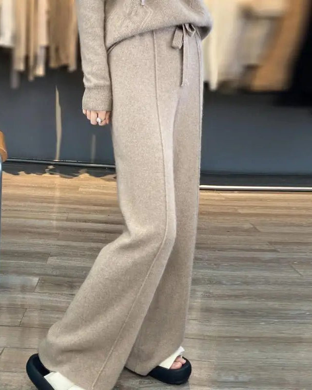 Drawstring High Waist Wide-Leg Wool Pants