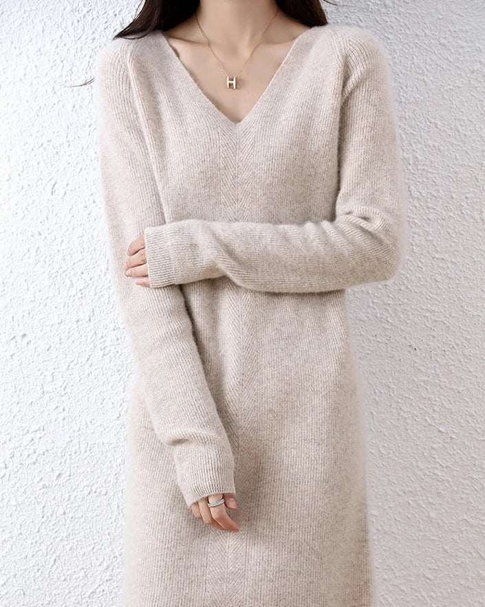 V-Neck Merino Wool Knitted Dress GentleHerd