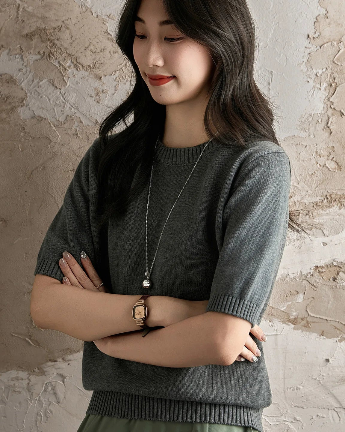 Pure Cotton Crew-Neck Short-Sleeve Knit Top