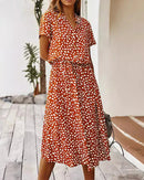 Polka Dot Short Sleeve Drawstring High-Waist Dress