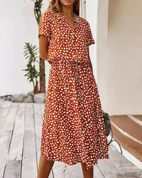 Polka Dot Short Sleeve Drawstring High-Waist Dress