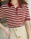 Women's striped 100% cotton polo t-shirt, featuring a classic turn-down collar and breathable knit for a clean regular fit this spring and summer.