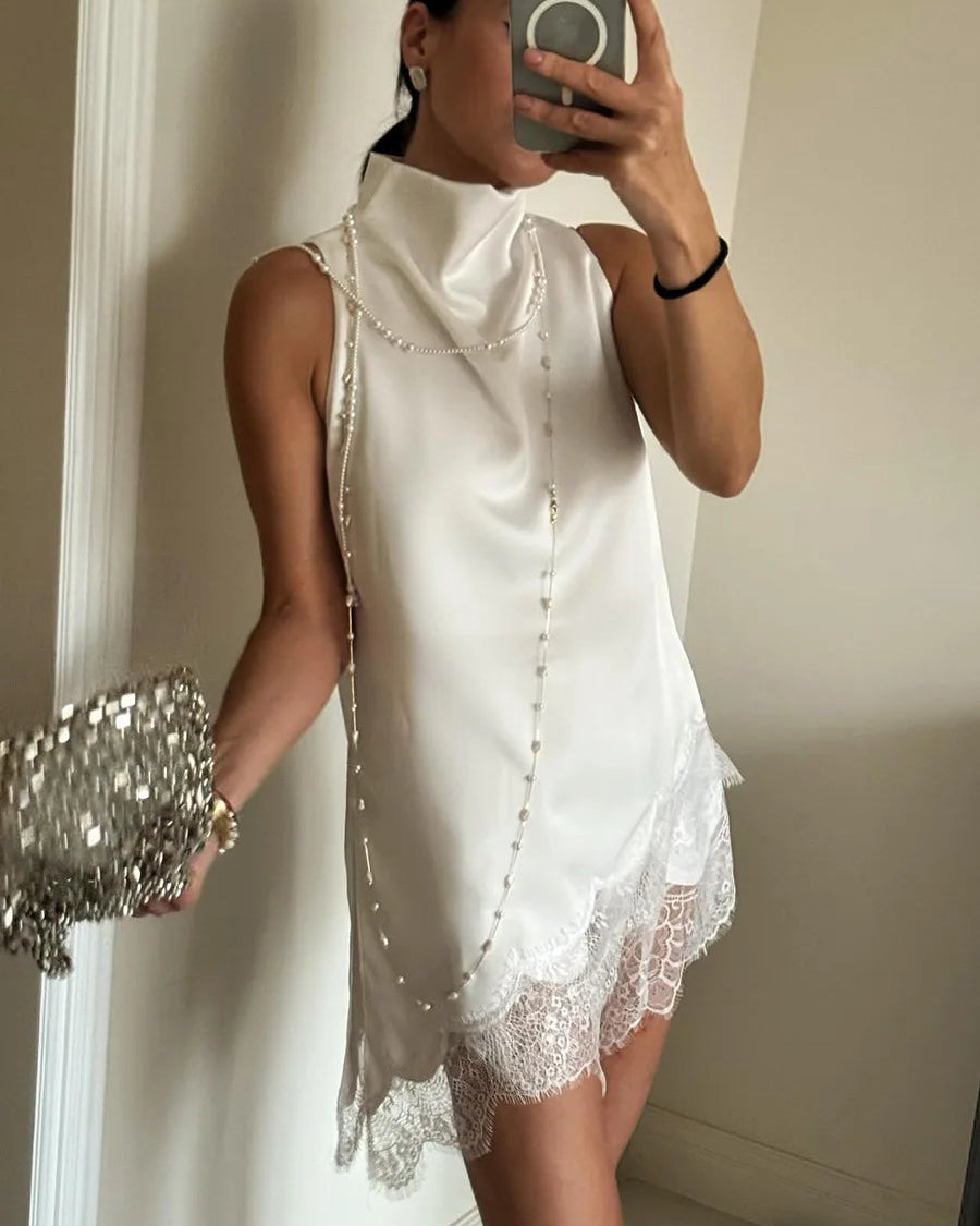 Satin High Neck Lace Trim Irregular Hem Vest Top